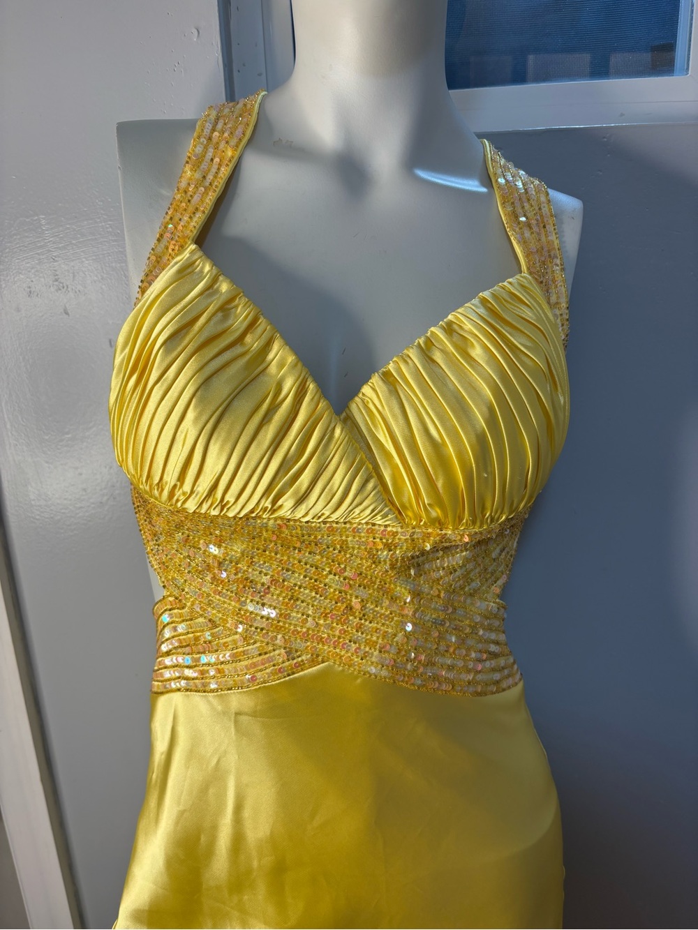 Camille La Vie Yellow Sequin Halter Prom Dress